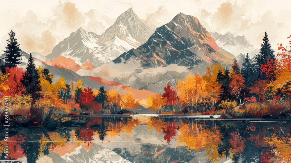 Mountain Sunset Reflection: A serene autumn landscape with mountains, a tranquil lake, and vibrant colors