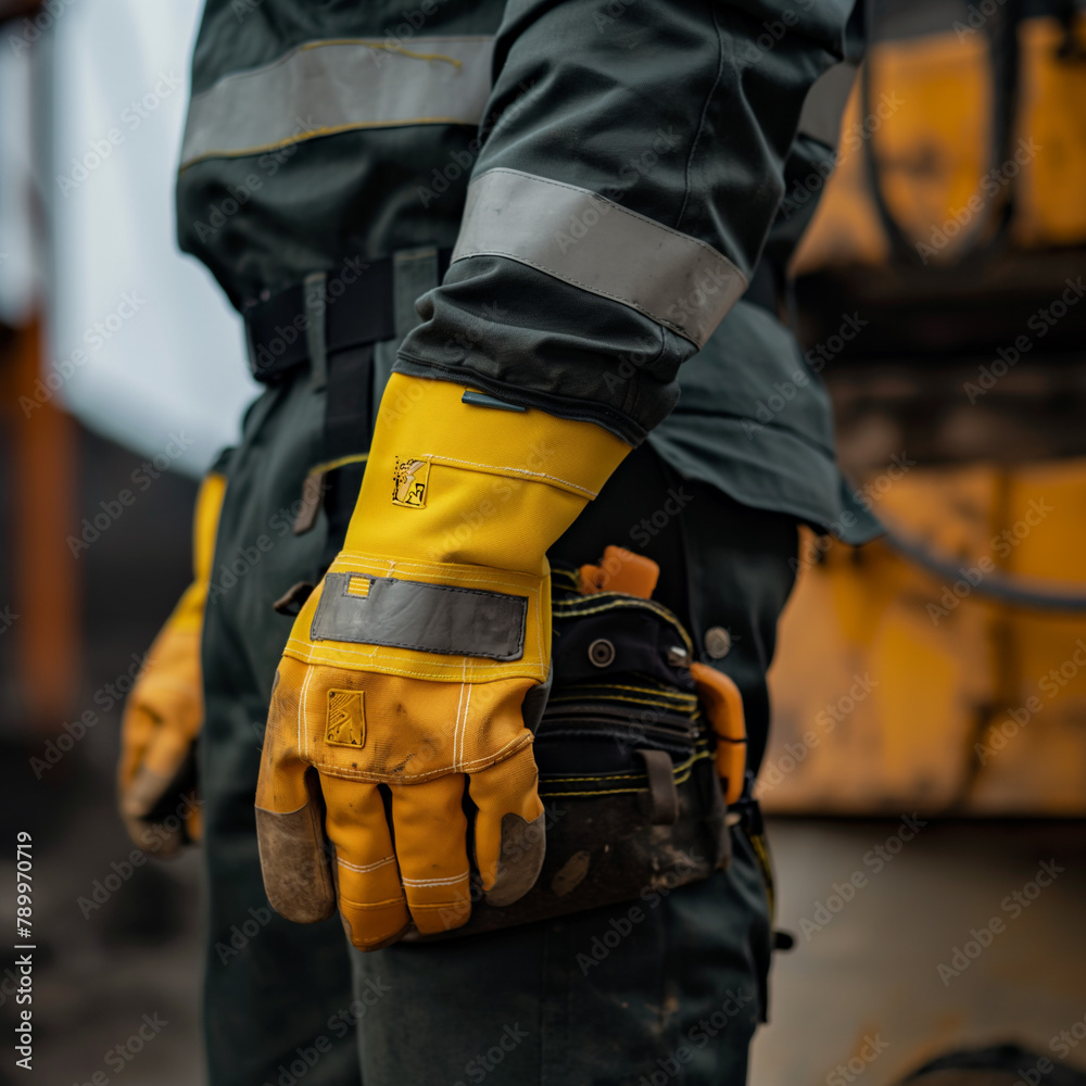 Safety gear and workwear, helmet, gloves, and boots, emphasizing protection and compliance in hazardous environments Safety gear and workwear, helmet, gloves, and boots, emphasizing protection and compliance in hazardous environments