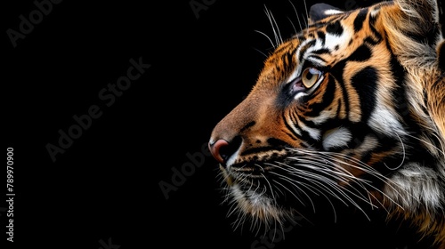  A tight shot of a tiger's visage against a dark backdrop, the big cat's features softened by a hazy, indistinct appearance