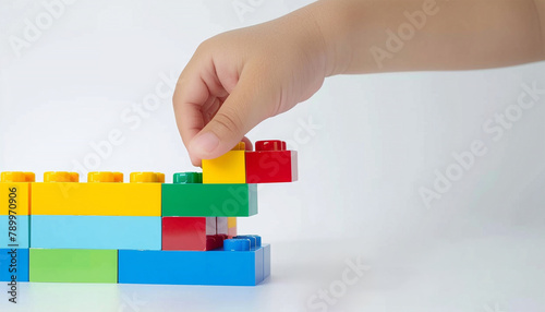 Kid hand building up a wall by stacking up the colorful wall block brick toy for banner, children sale promotion, flyer, online shop, poster, web, ads, and social media. Toddler Playing with colorful © annebel146