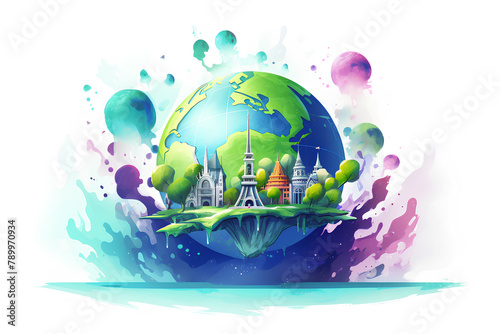 Colorful globe watercolor illustration. Environment save. Earth day. Save a planet. World tour