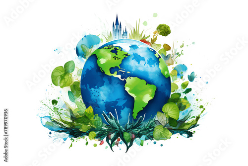 Colorful globe watercolor illustration. Environment save. Earth day. Save a planet. World tour