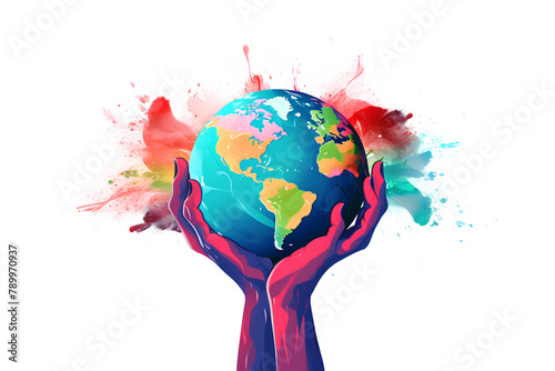 Hands holding Globe. Watercolor illustration of enviroment saving day