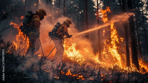 International Firefighters' Day. Natural disaster ,firefighters spray water to wildfire.