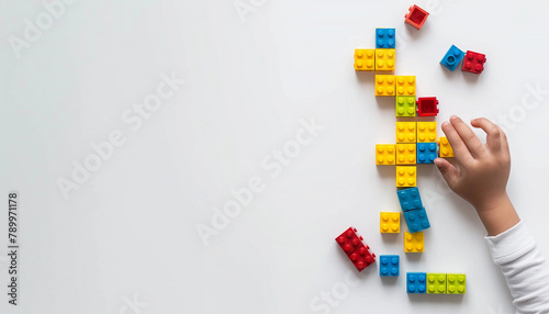 Kid hand building up a wall by stacking up the colorful wall block brick toy for banner, children sale promotion, flyer, online shop, poster, web, ads, and social media. Toddler Playing with colorful