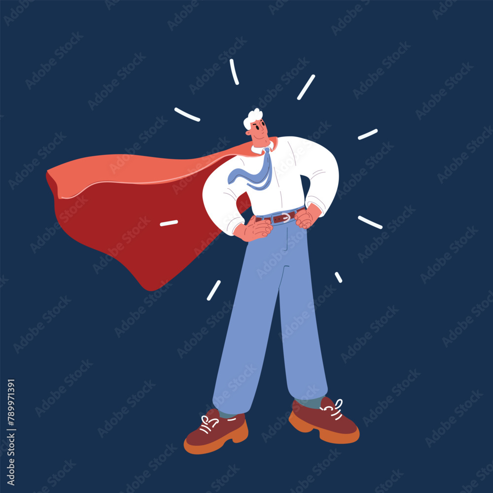 Obraz premium Cartoon vector illustration of power and people concept happy man in red superhero cape. Super Business man over dark background