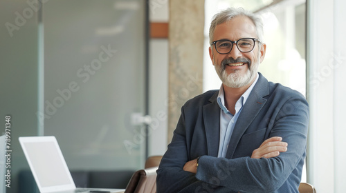 Confident businessman. middle-age man in formalwear keeping his arms crossed and looking at camera while standing in office. Space for word. Generative AI. photo