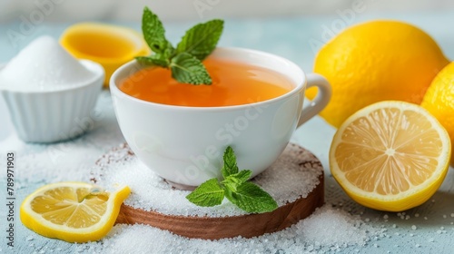  A cup of tea on a blue surface, surrounded by lemons, sugar, and a mint garnish