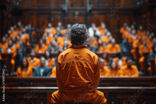 An individual wearing orange clothing is seated while facing a large group of people in a courtroom setting