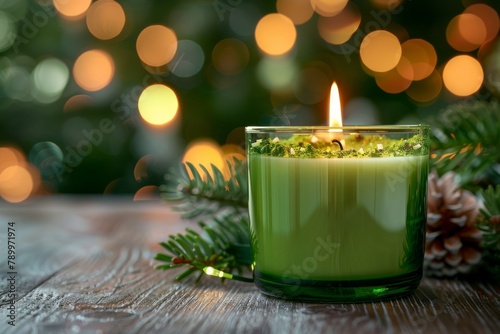 Festive composition of a green Christmas candle against a bokeh light effect backdrop and wooden surface