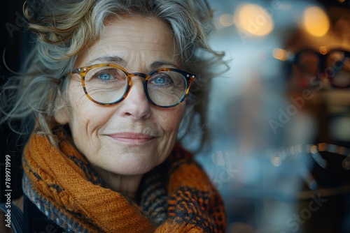 A mature woman with vivid blue eyes and curly hair looks thoughtful in her stylish glasses and autumn attire