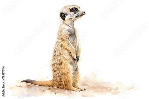 A minimalist watercolor of a meerkat standing alert, its slender form upright and watchful, desert sands and sky blues, white background, vivid watercolor, 100 isolate