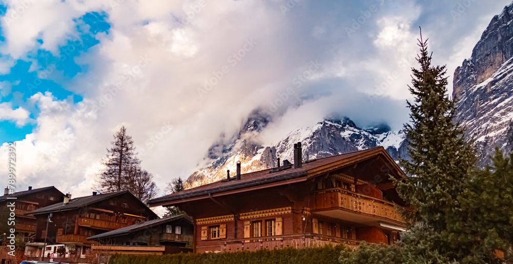 Alpine view on a cloudy spring day at Grindelwald, Interlaken-Oberhasli, Bern, Switzerland