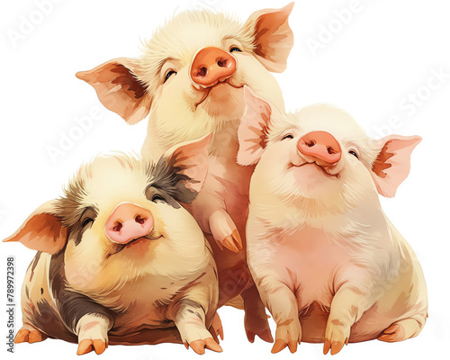 A playful depiction of a trio of potbellied pigs, comedic expressions and soft pinks, white background, vivid watercolor, 100 isolate photo