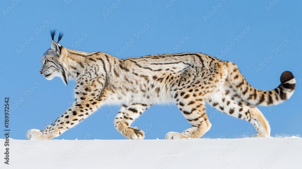 A snow leopard walks across a snow-covered slope with its mouth slightly open A snow leopard walks across a snow-covered slope with its mouth slightly open