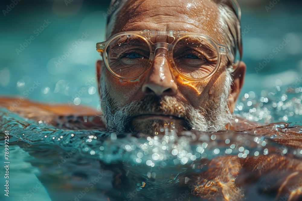 Fototapeta premium High-resolution image of an elderly man submerged in a pool, with a contemplative look