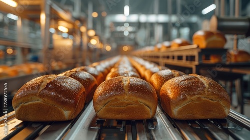 Loaves of bread moving along a conveyor belt in a production line