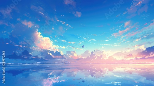 A serene scene unfolds in a 2d background with anime clouds dancing across the blue sky of a summer morning This abstract design features soft gradients sunbeams casting reflections and a tr photo