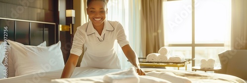 Smiling black woman chambermaid making the bed in a hotel room, Professional resort worker, Panoramic photography (3:1)