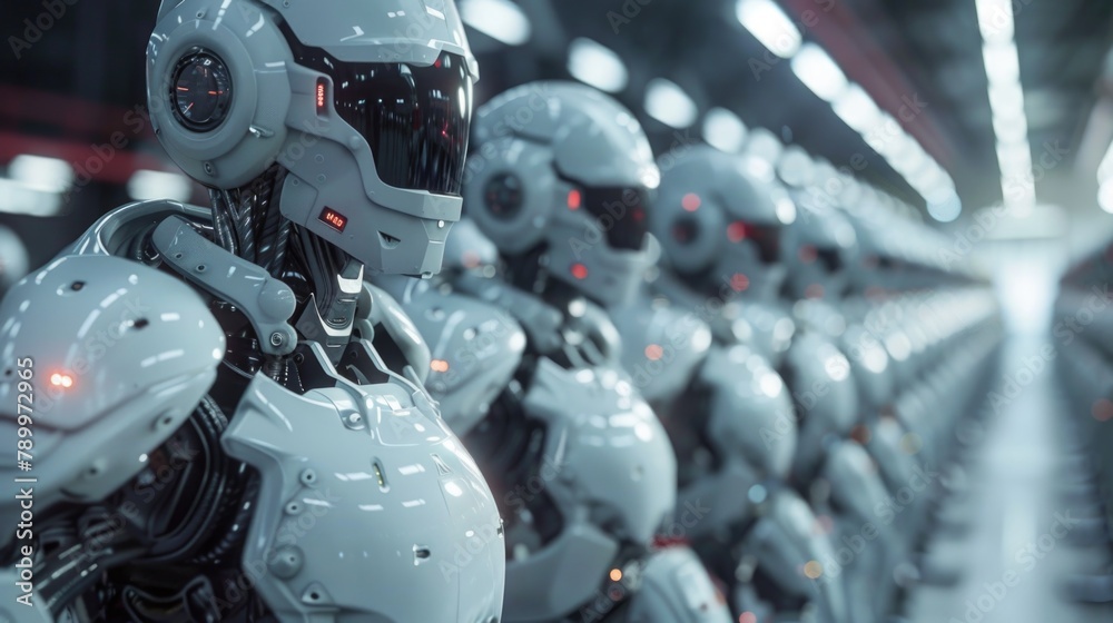 A row of humanoid robots standing in a straight line inside a room