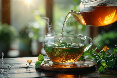 Green tea being poured from a clear teapot into a teacup with fresh leaves, showcasing health and natural wellness photo