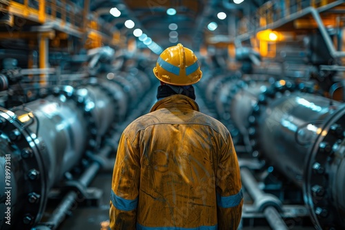 A worker in a yellow hardhat stands amidst complex industrial machinery, implying oversight and control