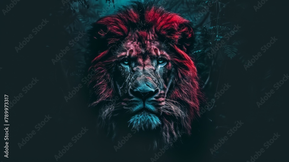   A tight shot of a lion's face illuminated by blue and red lights