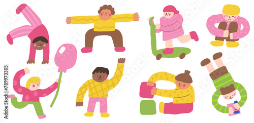 Kids icons. Cute hand drawn doodle isolated children. Boy and girl poses. Kid playing, riding, drawing, kid with balloon.