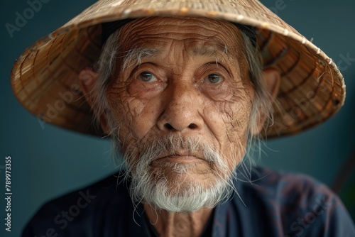 An aged Asian man with a deep gaze wearing a traditional conical hat poses for a powerful portrait