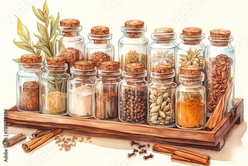 A serene portrayal of a spice rack with baking essentials like cinnamon and nutmeg, earthy spice jars and wooden rack tones, white background, vivid watercolor, 100 isolate photo