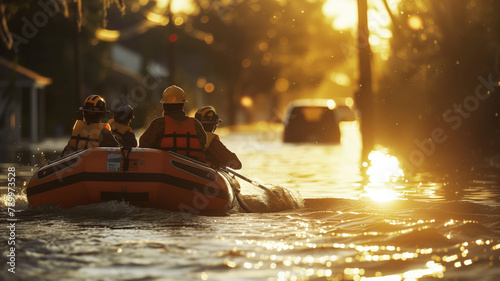 A group of rescuers in orange life jackets are in an inflatable rubber boat on a flooded street and are looking for people injured by the hurricane photo
