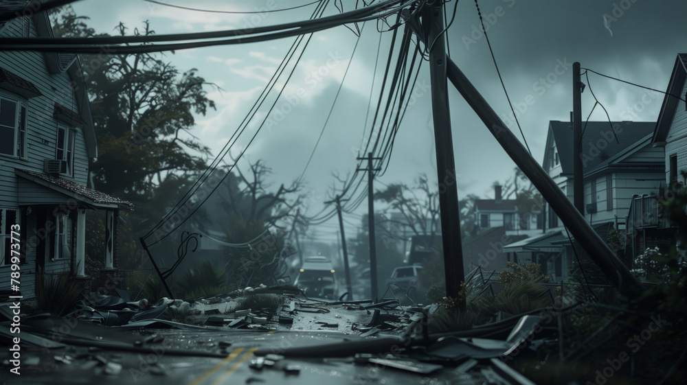 The consequences of a devastating hurricane. A natural disaster in the city. A post-apocalyptic scene with lots of debris and wires