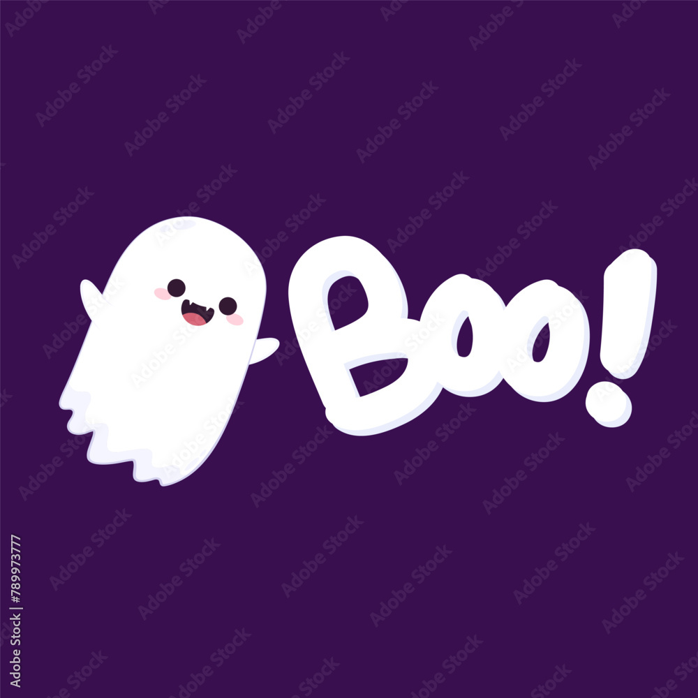 Fototapeta premium Cute ghost floating with Halloween pumpkin basket for Trick or Treat. Funny spooky boo character. Spook phantom with happy smiling face expression. Isolated kids flat vector illustration.