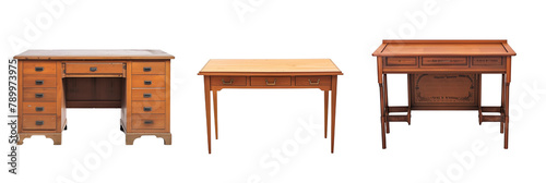 set of different wooden desks, each representing a different decade of design, isolated on transparent background photo
