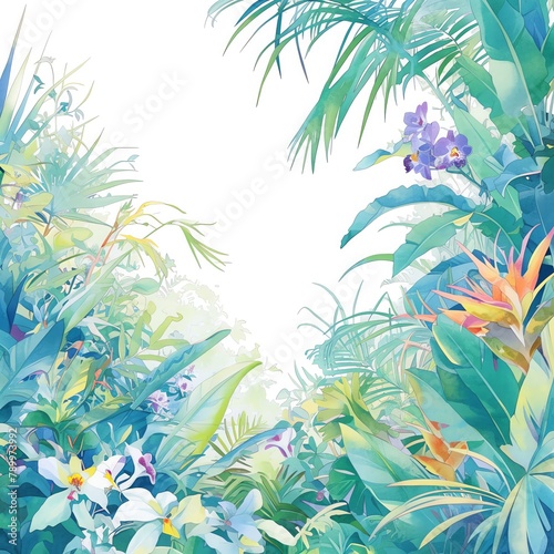 A vibrant depiction of a tropical garden with towering palms and colorful orchids  bright greens and exotic flowers  white background  vivid watercolor  100  isolate