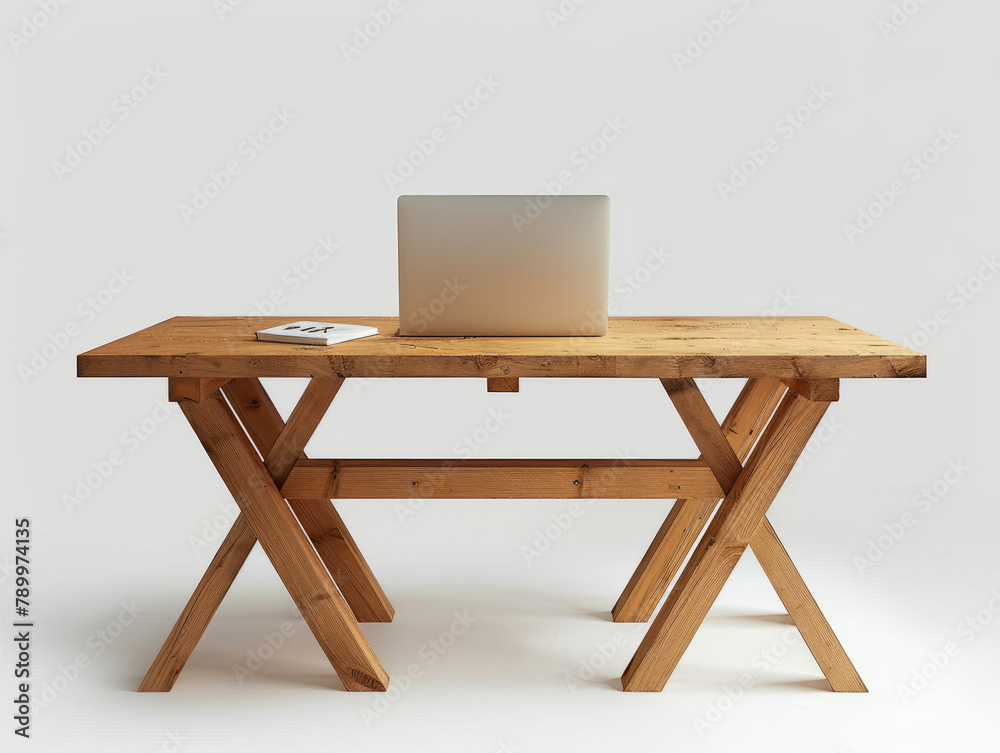 A minimalist style wooden table, featuring an open laptop placed on the surface. A minimalist style wooden table, featuring an open laptop placed on the surface.