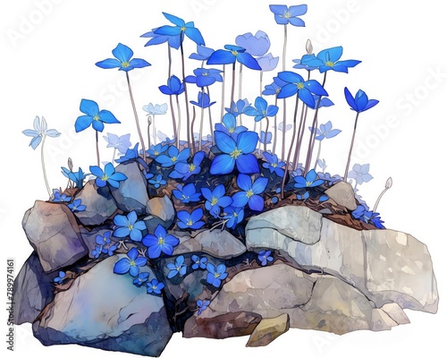 A vibrant painting of Butterworts Pinguicula in a limestone rock setting, subtle blues and rocky grays, vivid watercolor, white background, 100% isolate photo