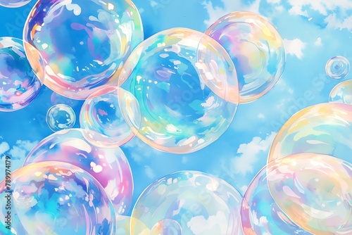A vibrant watercolor of a cluster of iridescent bubbles floating against a skyblue backdrop, each bubble reflecting a spectrum of rainbow colors, delicate shimmers and soft, translucent forms, white b