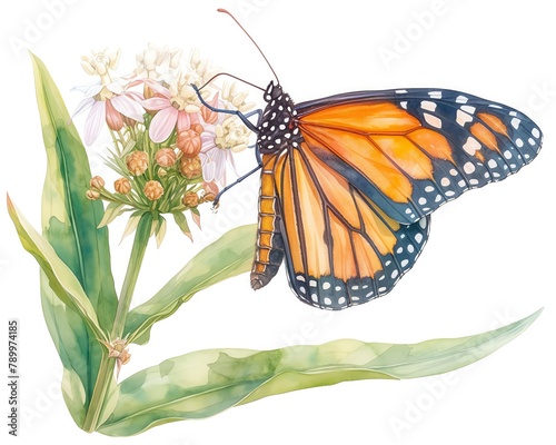 A vibrant watercolor of a Monarch butterfly, its wings open to reveal striking orange and black patterns, perched on a milkweed flower, white background, vivid watercolor, 100 isolate