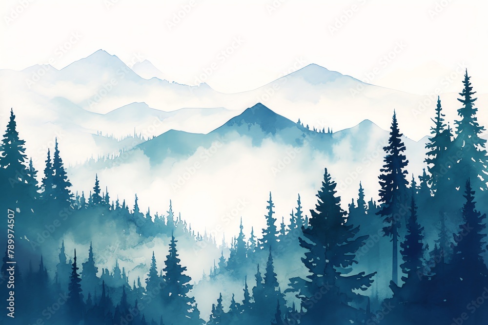 An elegant portrayal of the Cascade Range on the USCanada border, conifer forests and volcanic peaks, deep forest greens and ash grays, white background, vivid watercolor, 100 isolate