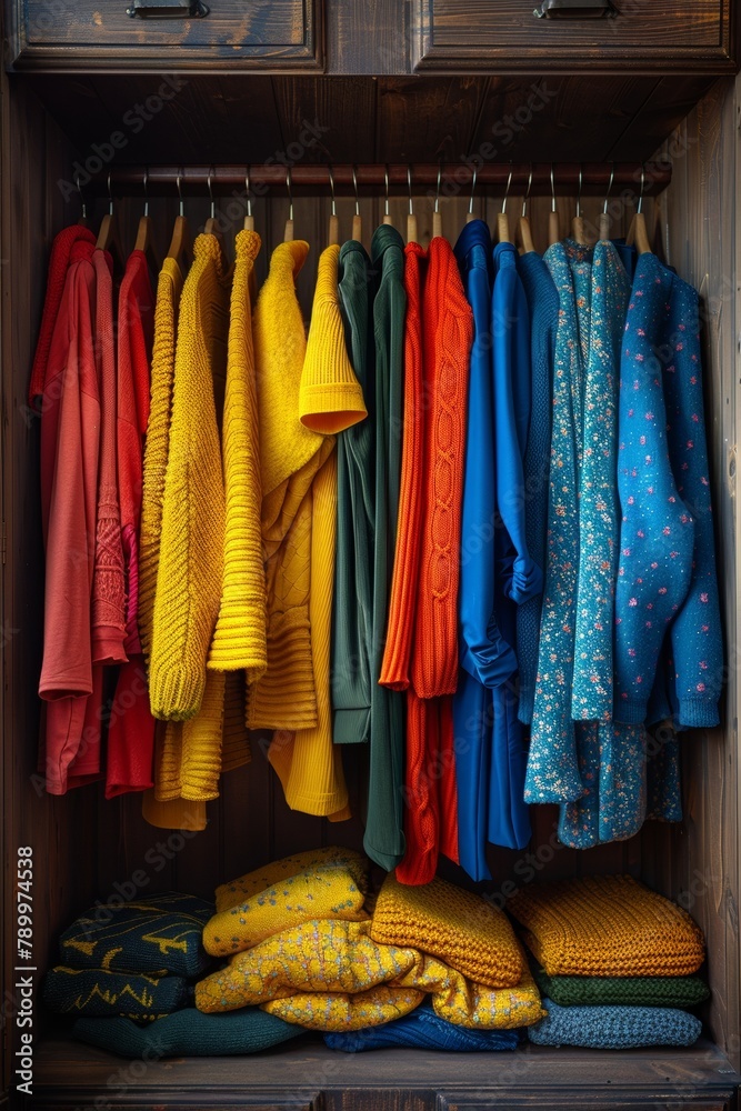 A bright and colorful wardrobe displays a variety of clothes on hangers, offering a stylish choice. A bright and colorful wardrobe displays a variety of clothes on hangers, offering a stylish choice.