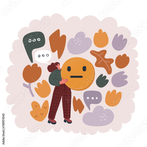 Cartoon vector illustration of Customer service evaluation concept. Customers feel indifferent, give mediocre scores, woman using smartphone pressing face emoticon Satisfaction Rating indifferent in s