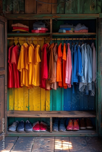 A vintage wall-mounted rack displays a vibrant rainbow of clothes, offering a stylish variety for wearing.