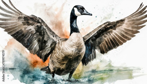 A canadian goose flapping wings  in a colorful watercolor style. 
