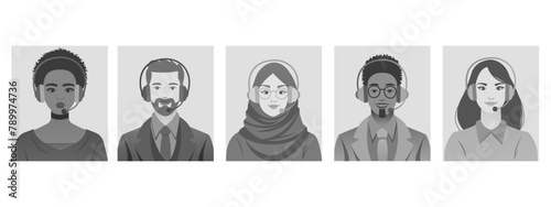 Call center support avatars icon set. Male and female call center avatars with headset. Client services and communication, customer support. Hotline operators avatar icons.