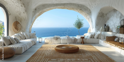 In a scenic luxury resort with cave-shaped villas, enjoy a cozy, minimalistic escape overlooking the ocean.