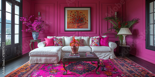 In a vibrant living room, gaudy decor combines with extravagant furnishings for a bold statement. photo