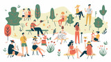 Vector summertime flat illustration. People in the pa