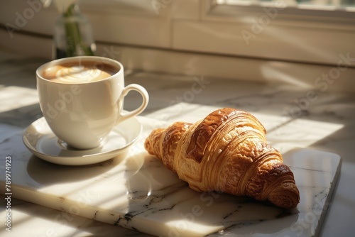 Cup of coffee and croissant on table in morning sunlight