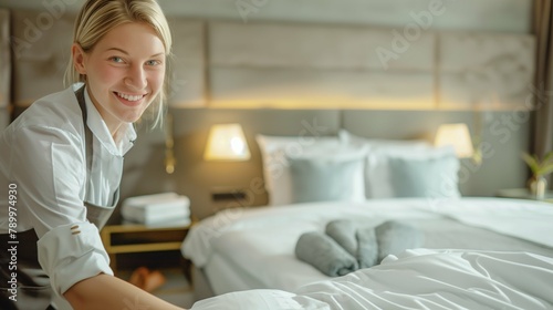 Smiling Caucasian blonde chambermaid cleaning a hotel room, Professional resort staff member, Horizontal photography (16:9) with copy space photo